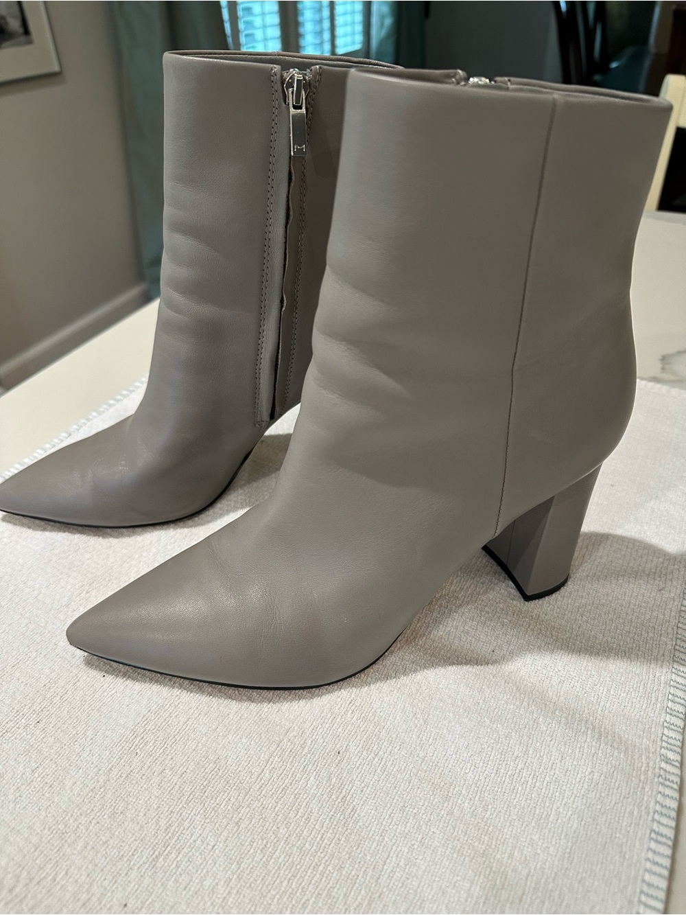 Marc Fisher Leather Pointed-Toe Ankle Boots in Light Gray, around 4” heel